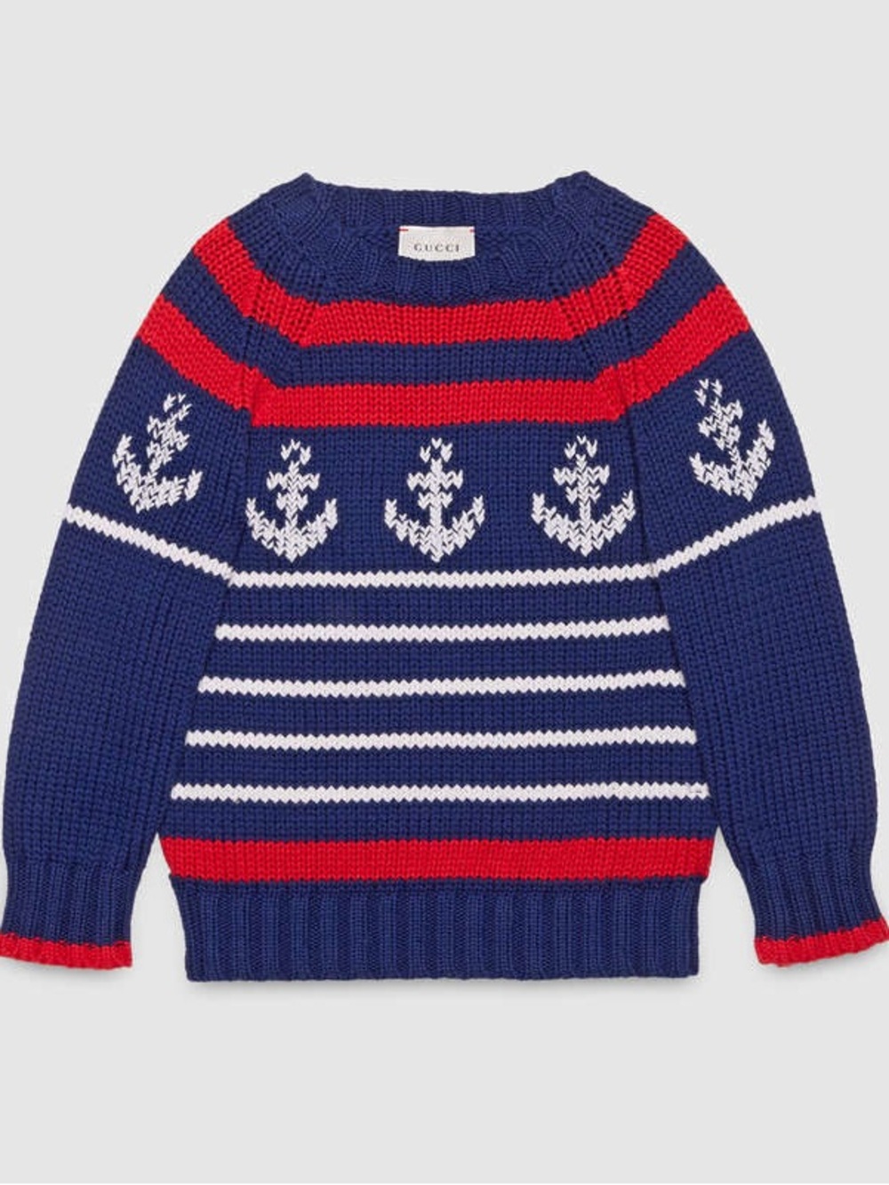Gucci Kids Navy, White & Red Anchor Stripe Knit Sweater 6 Y